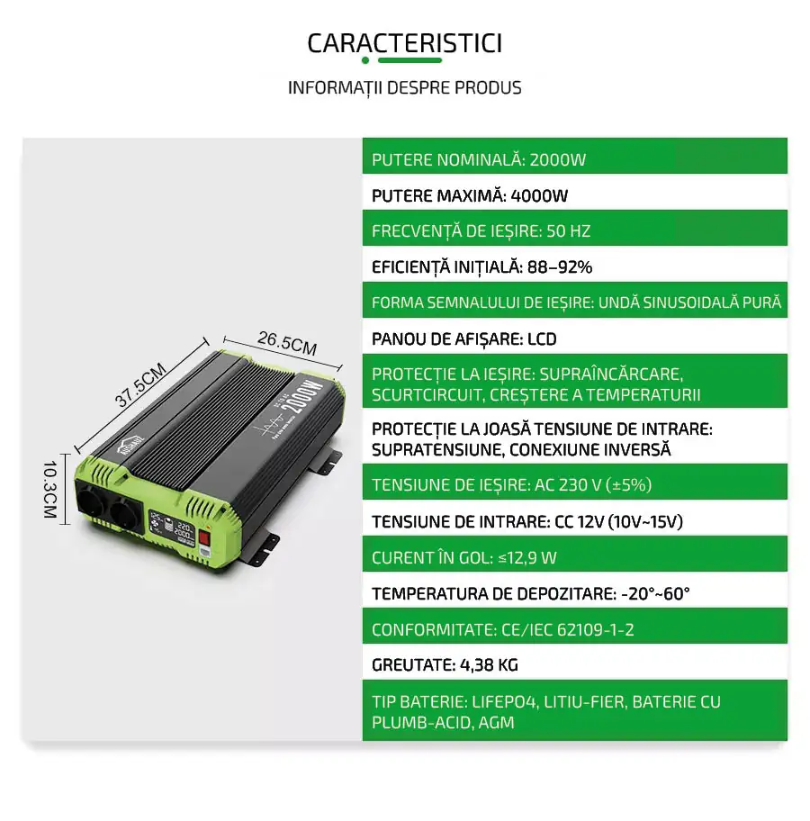 invertor 12-220 2000W caracteristici